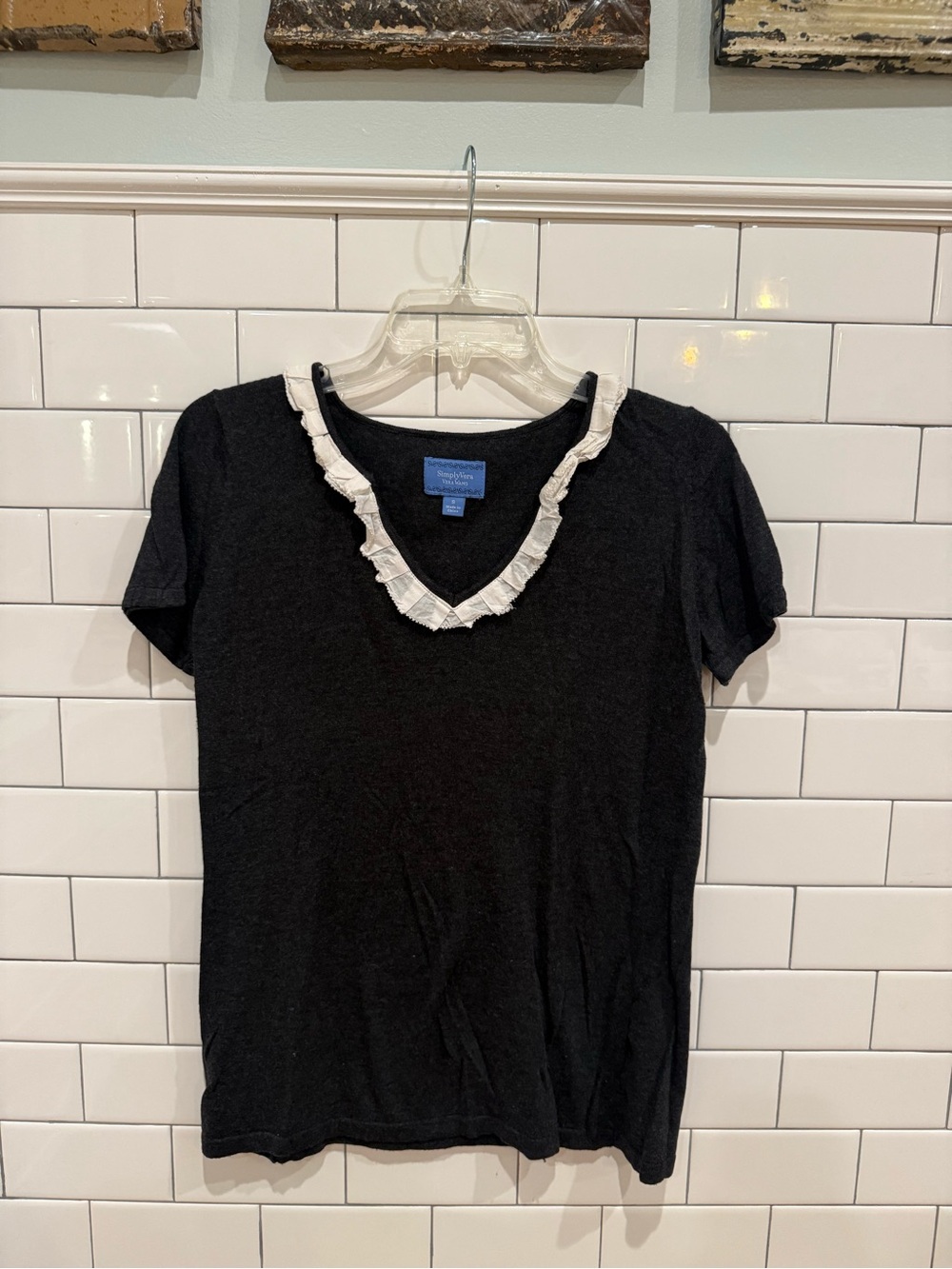Simply Vera Vera Wang Dark Charcoal Short Sleeve V-Neck Top with White Ruffle